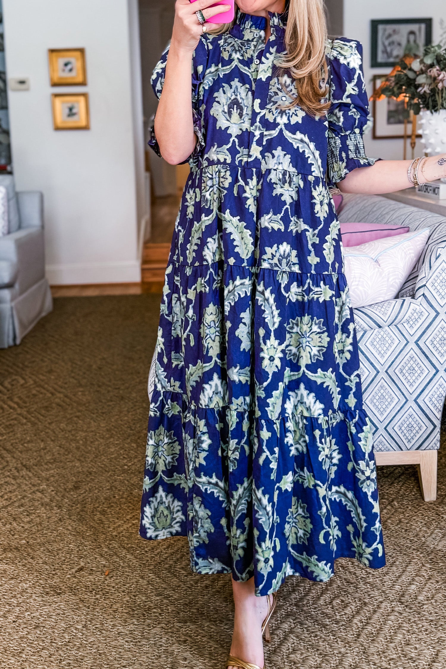 Blue Wild Floral Print Frilled Collar Half Sleeve Long Dress 93c41353d5023119