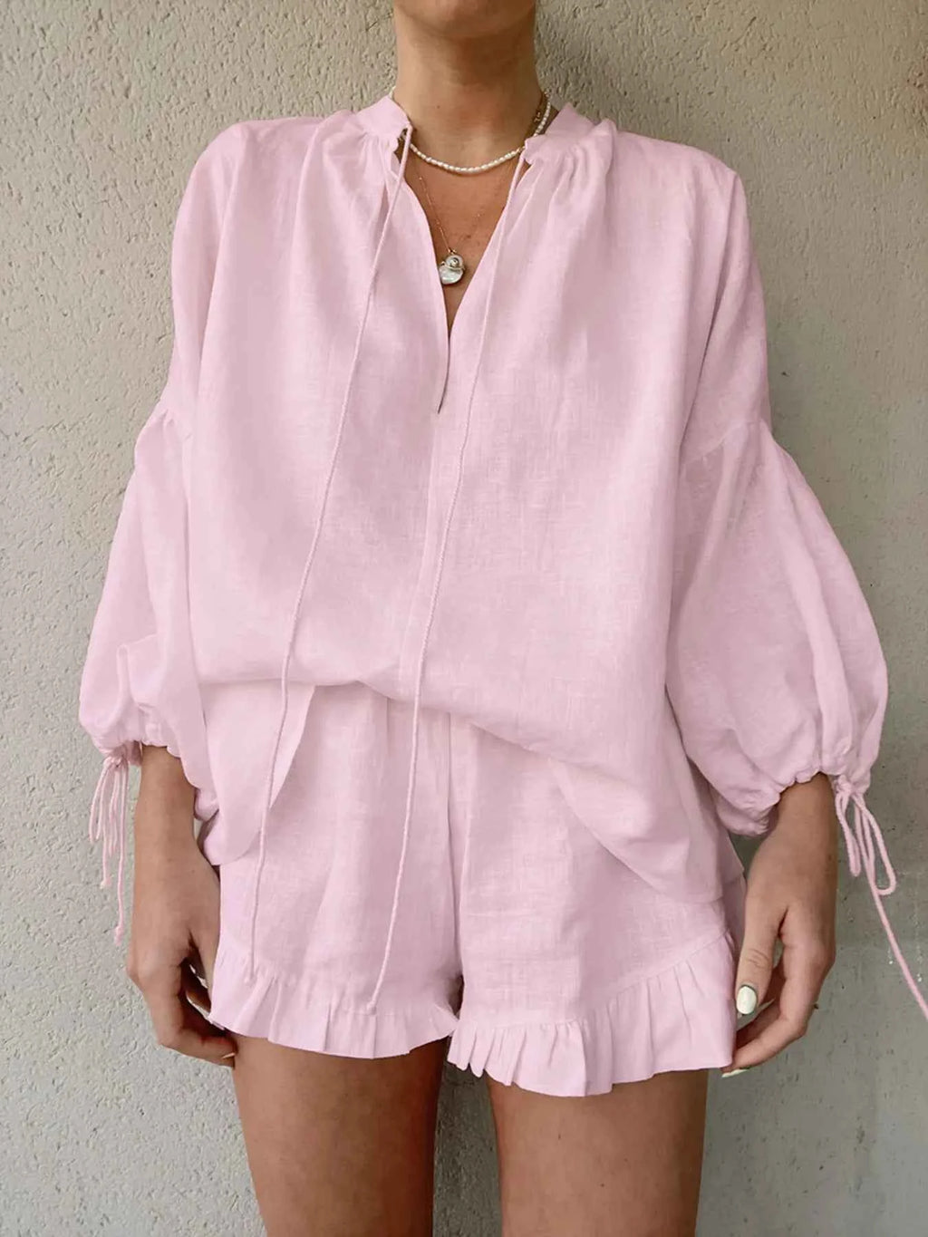Tie Neck Balloon Sleeve Blouse and Shorts Set 93c49dd0d9d74df6ac9b30a0ab0df9e1-Max-Origin