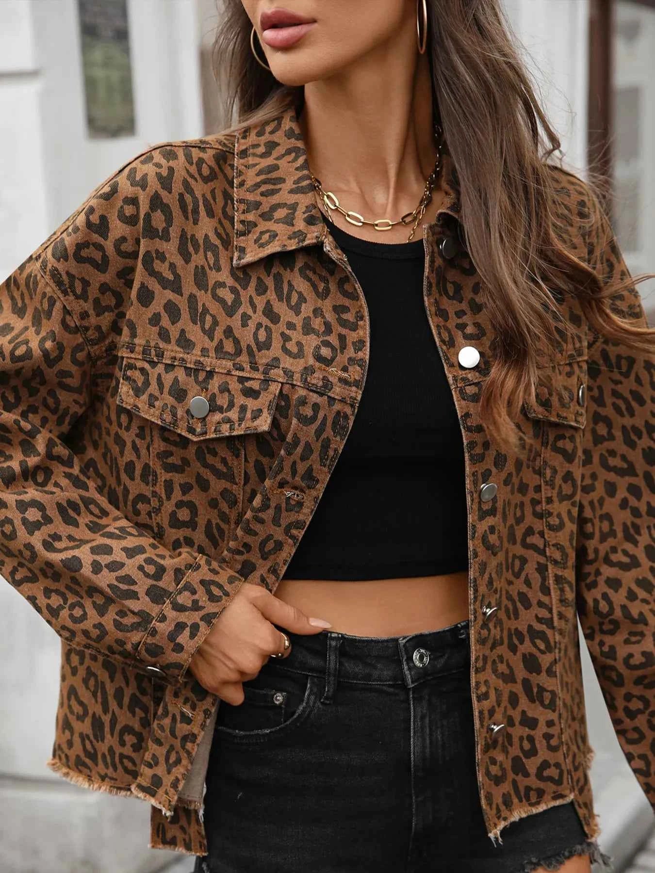Leopard Print Raw Hem Denim Jacket 93c88d3e620349eea4d55e9f0e61d337-Max-Origin