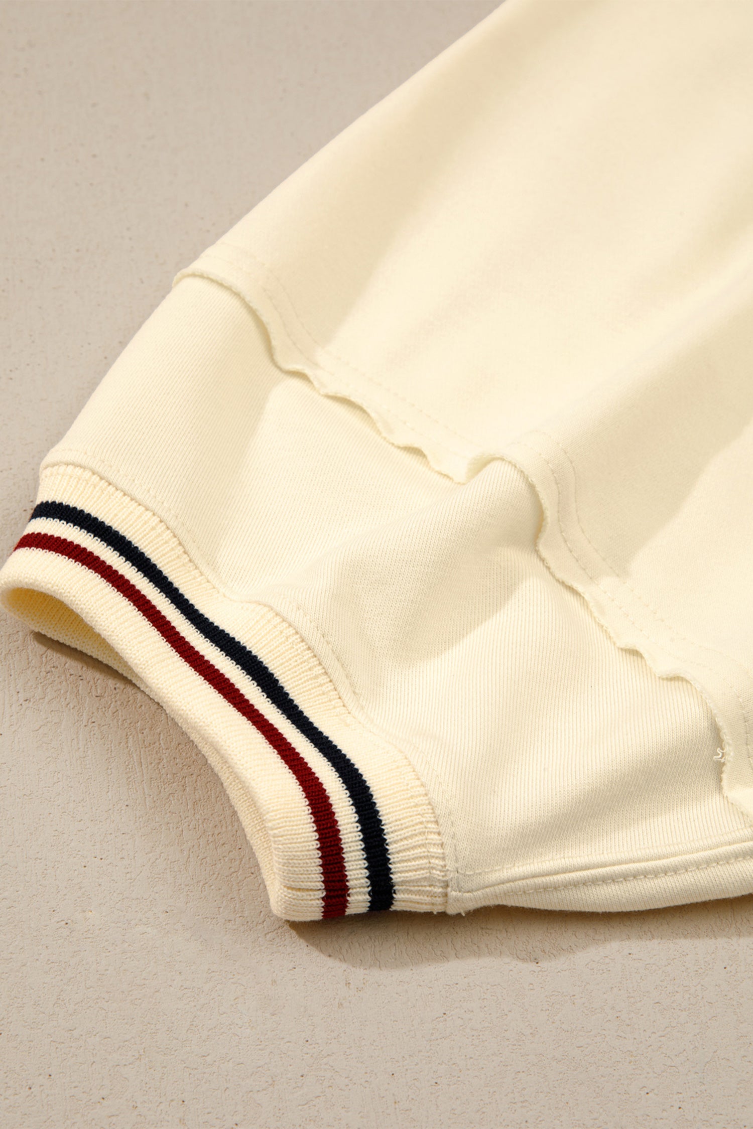 Beige Contrast Varsity Striped Neckline Cuffed Short Sleeve Loose Tunic Top 93cd745596216dba