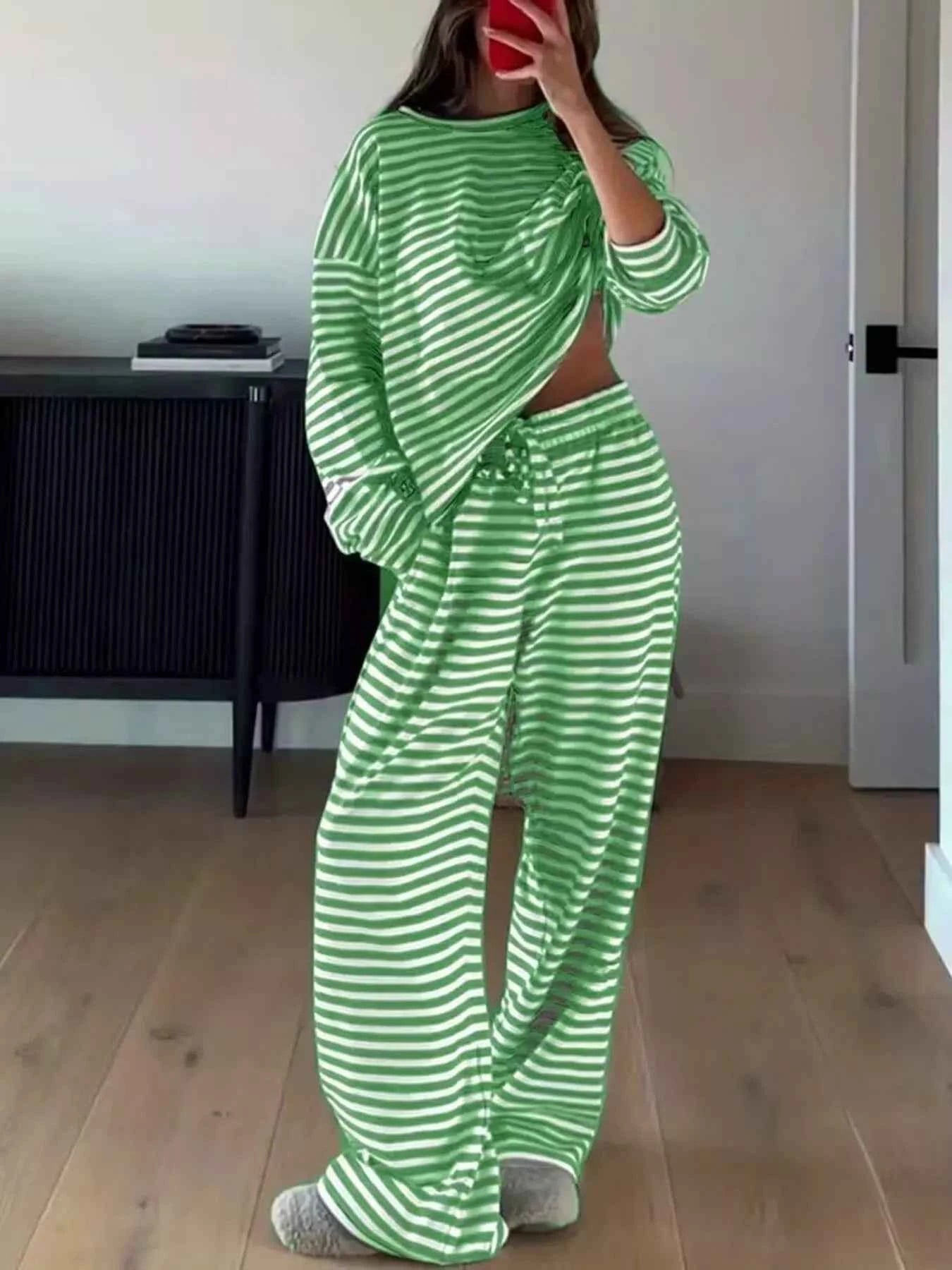 Striped Long Sleeve Top and Pants Set Green 93cf746d9ed54a87895fd0dbab536e8a-Max-Origin