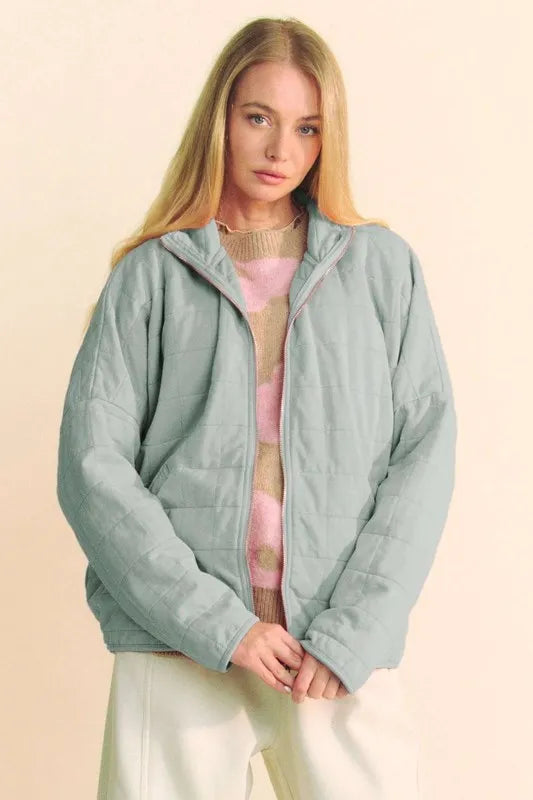 Davi & Dani Quilted Zip Up Dropped Shoulder Jacket GREY BLUE 93d4b91b-ac3e-403a-bb17-97caef5ef5c3-Max