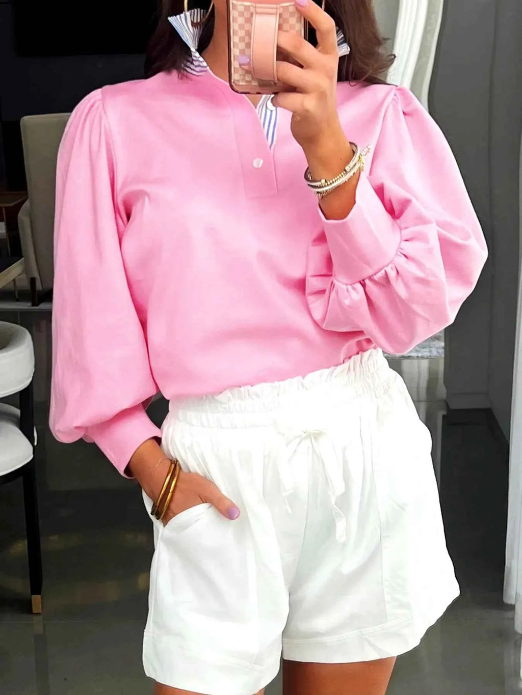 Striped Collar Patchwork Puff Sleeve Sweatshirt Pink 93d7f36102af4c7a99103f36fe28bc73-Max-Origin