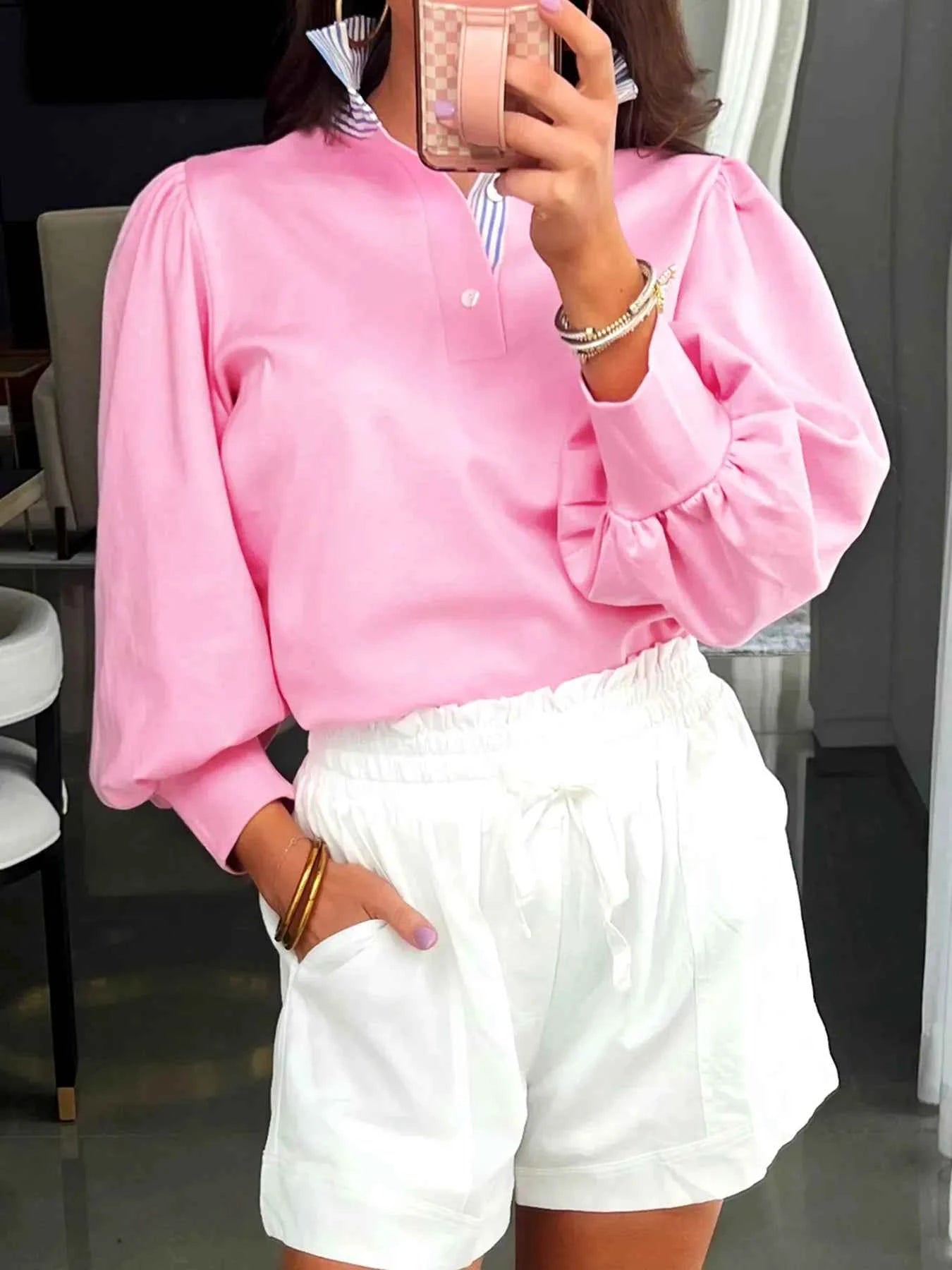 Striped Collar Patchwork Puff Sleeve Sweatshirt Pink 93d7f36102af4c7a99103f36fe28bc73-Max-Origin