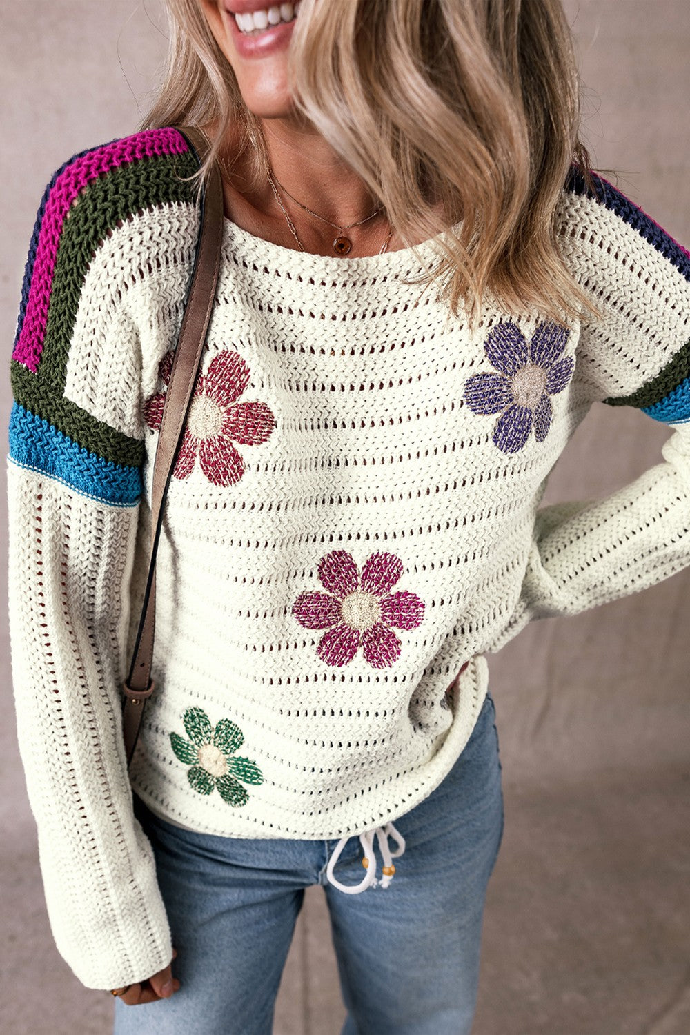 Flower Round Neck Long Sleeve Sweater