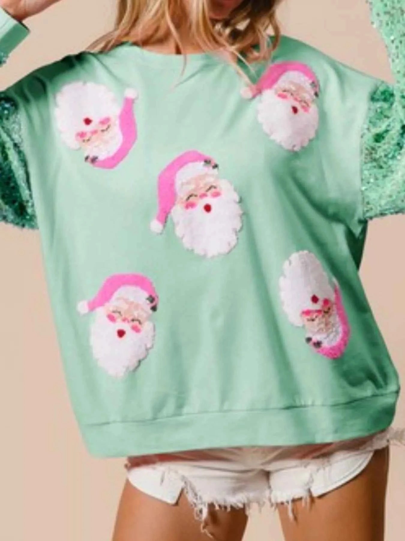 Christmas Theme Sequin Long Sleeve Sweatshirt Light Green 93dbccf8-ac6e-4c79-bfd6-a5c97b9850dc-Max-Origin