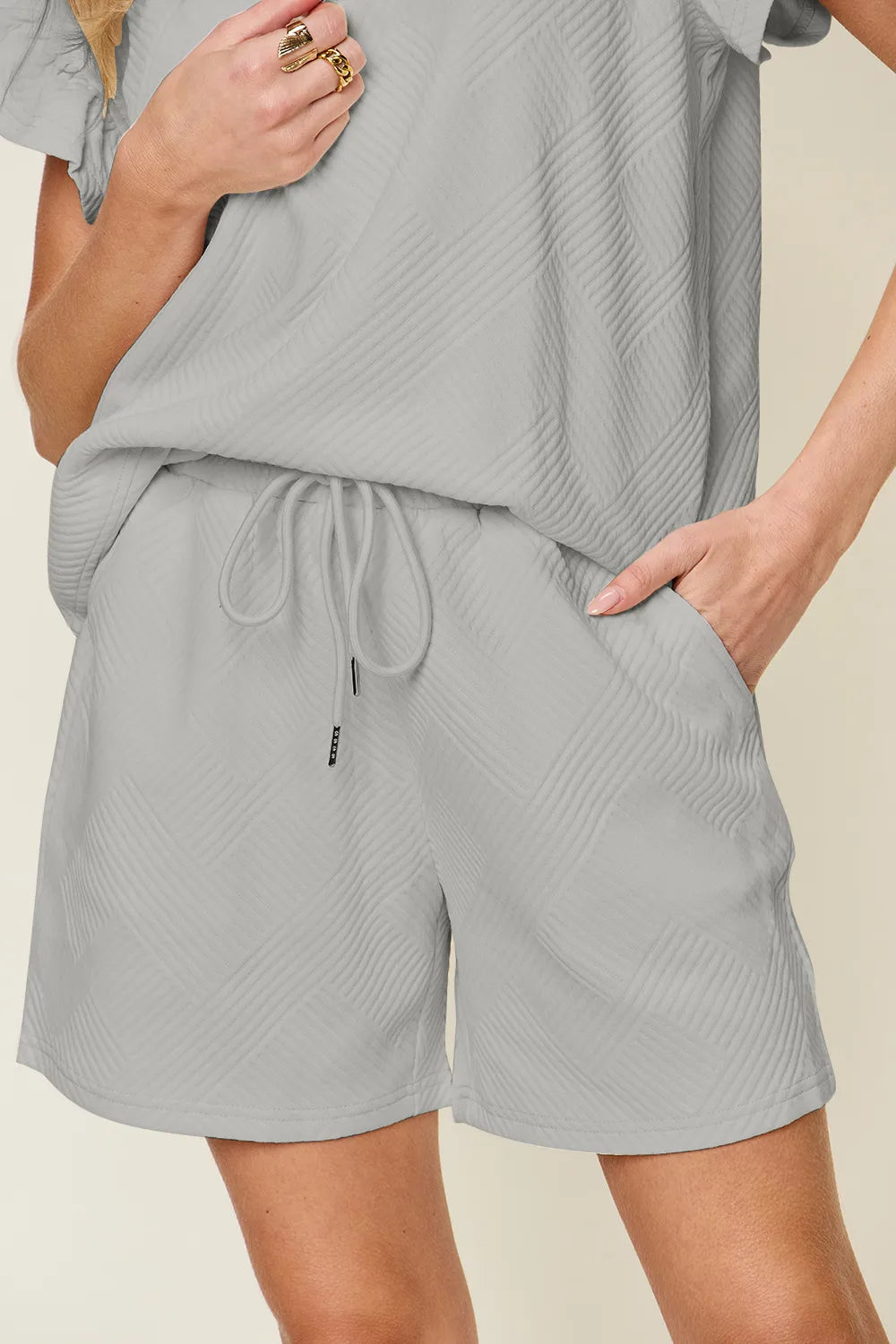 Double Take Full Size Texture Flounce Sleeve Top and Drawstring Shorts Set 93dc218e-c3d1-4589-a3e5-be93713d67b4-Max