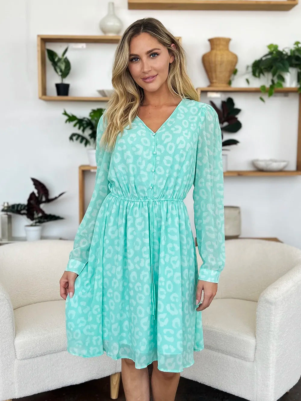 Double Take Full Size Printed Ruched V-Neck Long Sleeve Dress 93dd28be-41ed-4eed-8c35-f7fb5ed4a432-Max