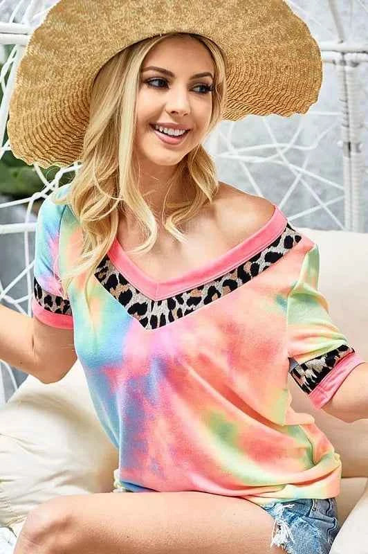 Rainbow Tie-Dye Leopard Trim V-Neck T-Shirt 93ddff21f6f744bb8985c738f3d5d54d-Max-Origin