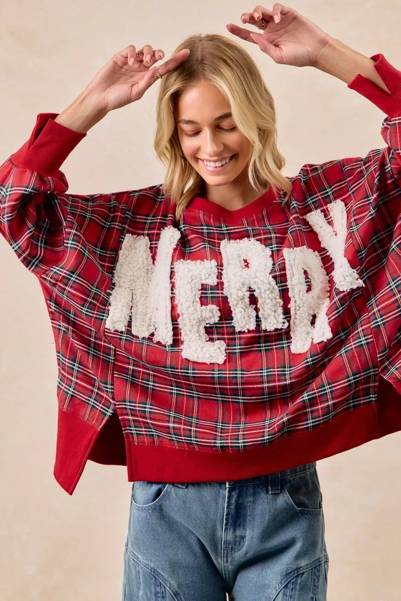 BiBi Merry Letter Patches Christmas Plaid Sweatshirt 93e27fec48d64aac920b65050a53e192-Max-Origin