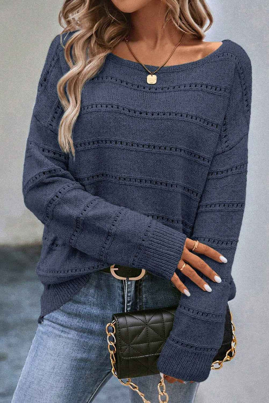 Real Teal Boat Neck Drop Shoulder Pointelle Knit Sweater Real Teal 100%Polyester 93e3b0a6832f6cc0