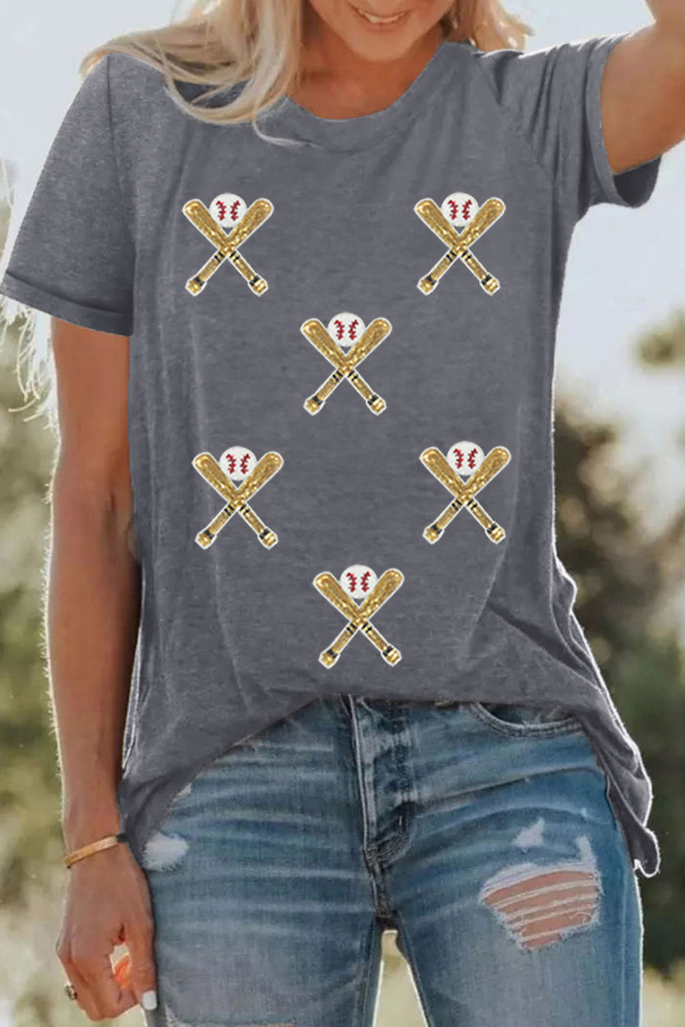 Gray Sequin Baseball Bat Graphic Game Day Casual Tee 93eeb9a8b1252d59