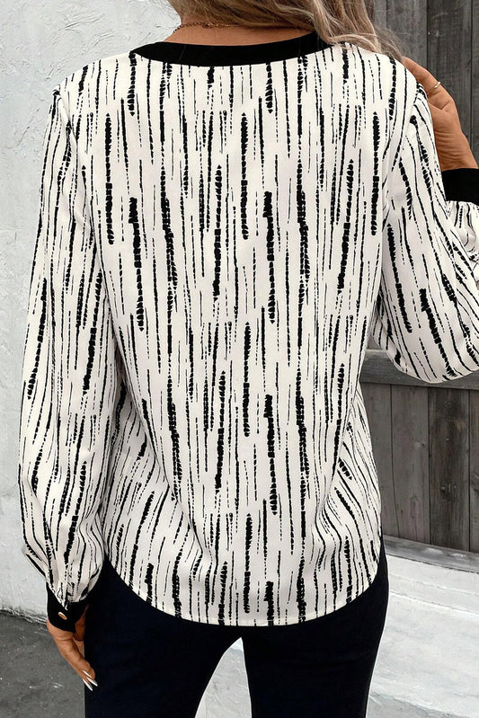 White Abstract Print V-neck Long-sleeve Blouse 93f71694ca5fab77