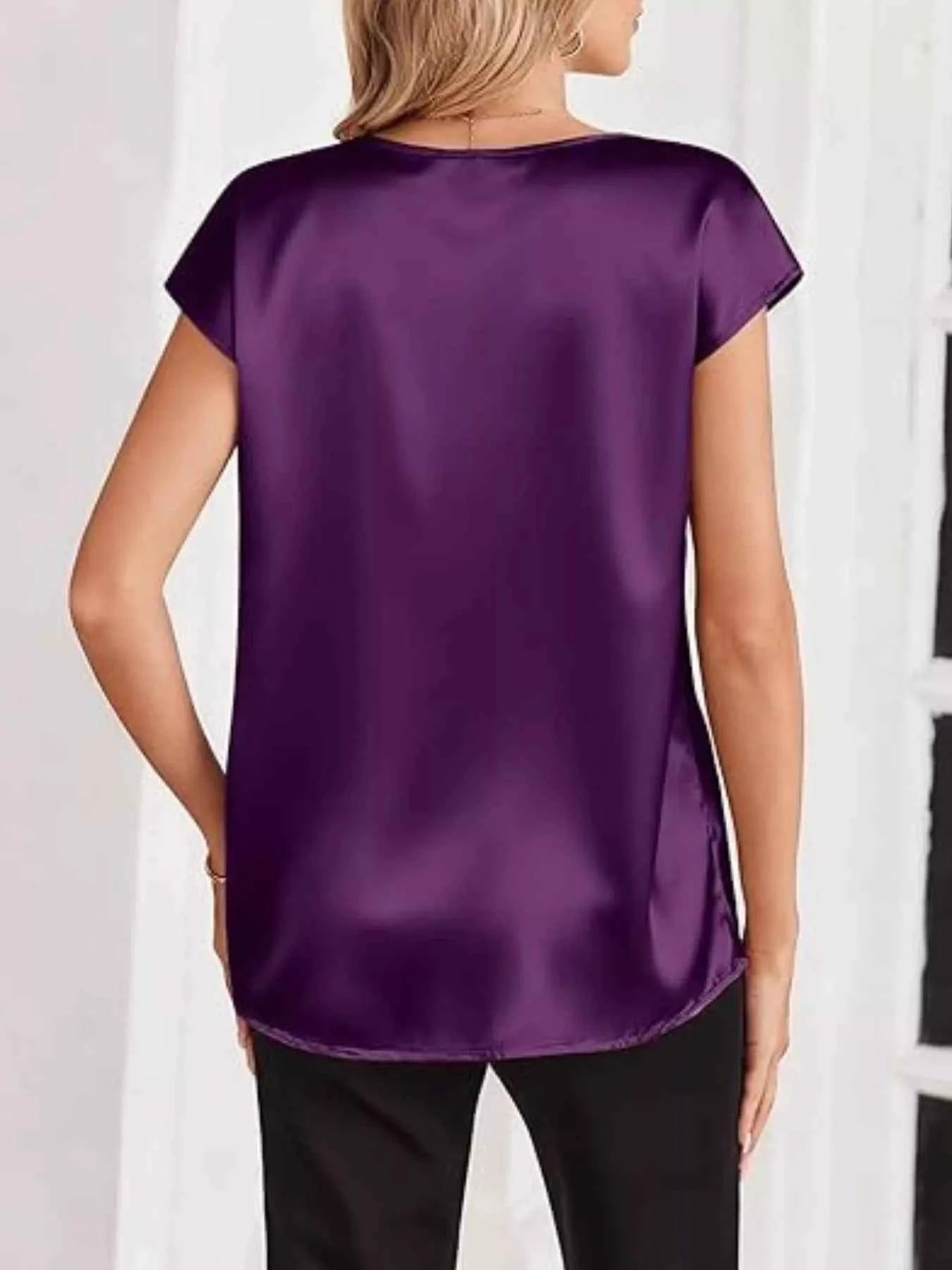 Satin V-Neck Short Sleeve Blouse 93f7c727-06a5-4efe-8a00-6c9c349e7e35-Max-Origin