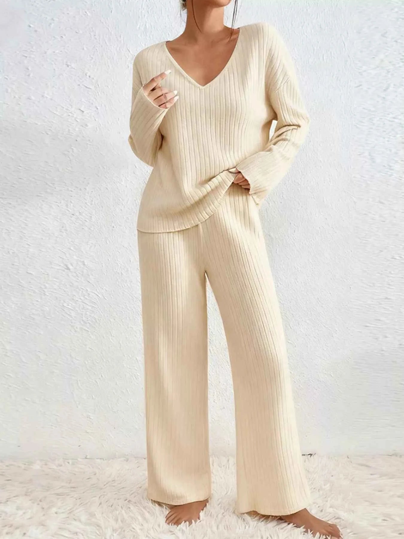 Ribbed Knit V-Neck Top and Pants Set Beige 93f8b0f86c5d4d7a819451dff5258044-Max-Origin