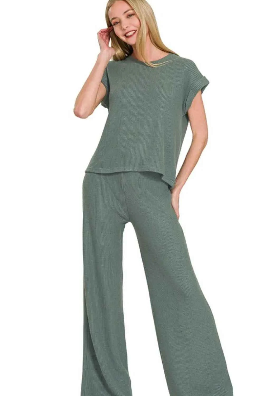Zenana Rolled Sleeve Top and Pants Sweater Set ASH JADE 93fe1e62-c6bb-444c-b183-ac604f46f987-Max-Origin