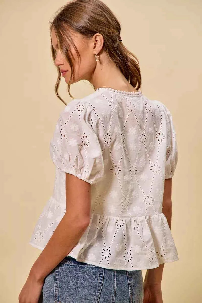 SO ME Cotton Eyelet Front Tie Short Sleeves Blouse 93fee9412e644925ac8737f46967dcab-Max-Origin