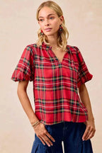 BiBi Christmas Plaid Short Sleeves Ruffled Blouse 9402200f956747b2b358856a80f87012-Max-Origin