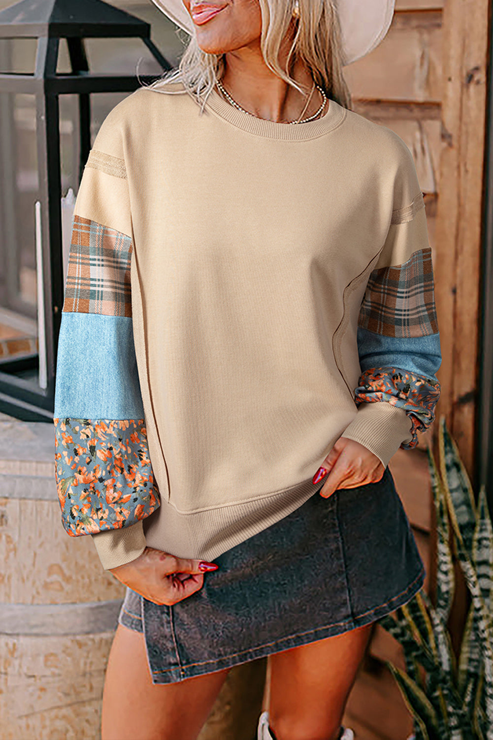 Smoke Gray Plaid Patchwork Sleeve Raw Seam Sweatshirt 9403959e6c3433f1