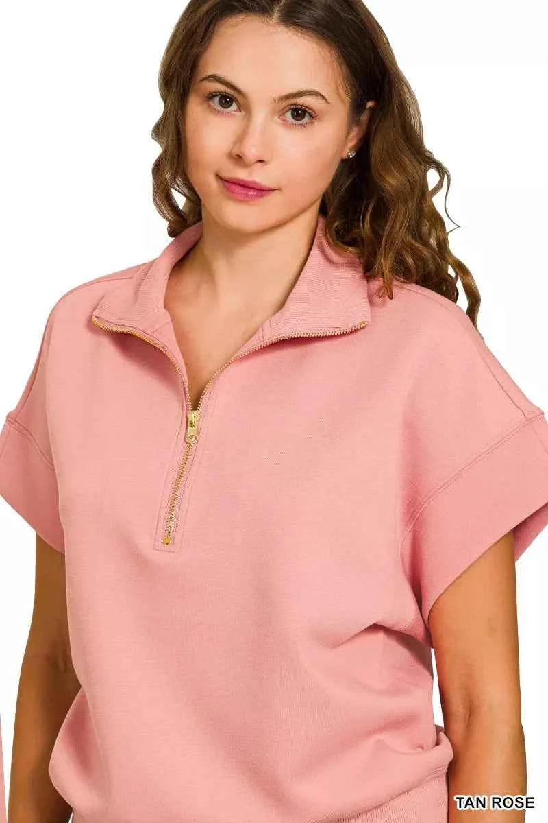 Zenana Full Size Scuba High Neck Half Zip Short Sleeve Top Plus Size 940632ab1ff245edbf7c0ff13988561b-Max-Origin