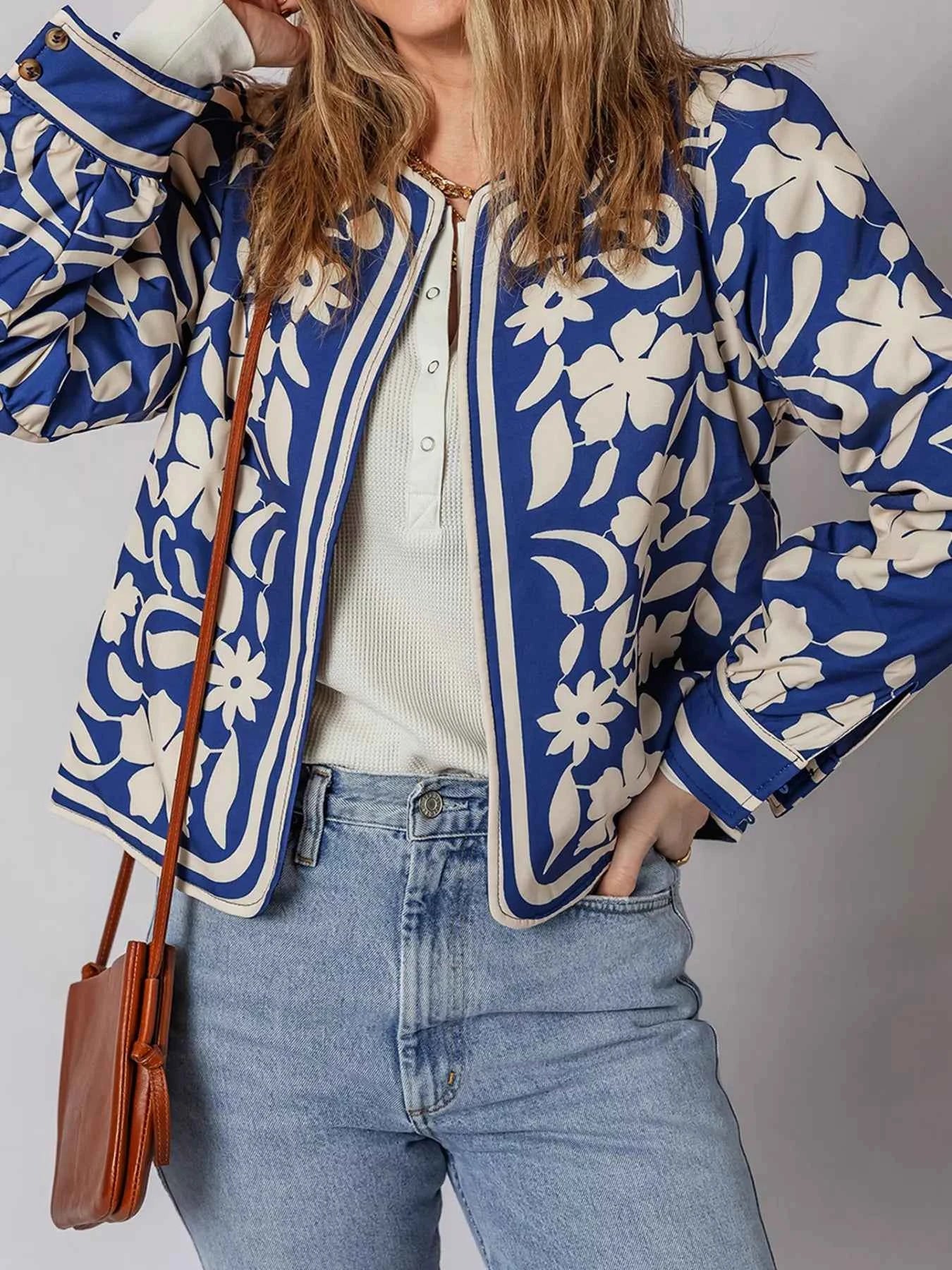 Flower Print Open Front Buttoned Cuffs Elegant Jacket Dusty Blue 94095835fed34f5999e5967504b910e1-Max-Origin