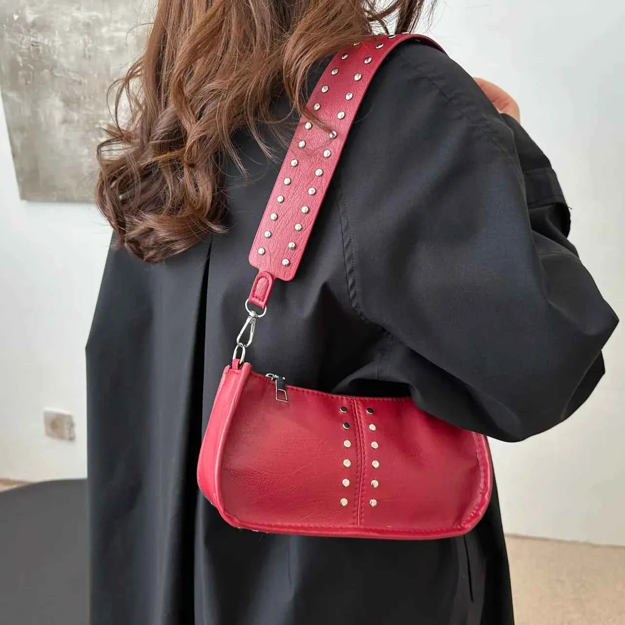 PU Leather Studded Shoulder Bag Red onesize 940bd85e6369417c9b8643f2de58ac2d-Max-Origin