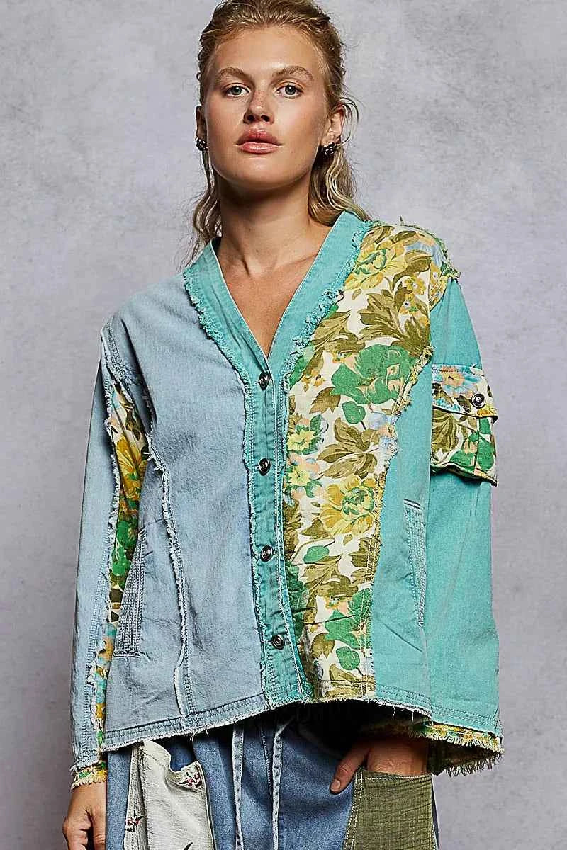 POL Button Down Floral V-Neck Long Sleeve Raw Hem Top DENIM TEAL 9417674b-4950-40c3-a17f-0685e3799ee1-Max-Origin