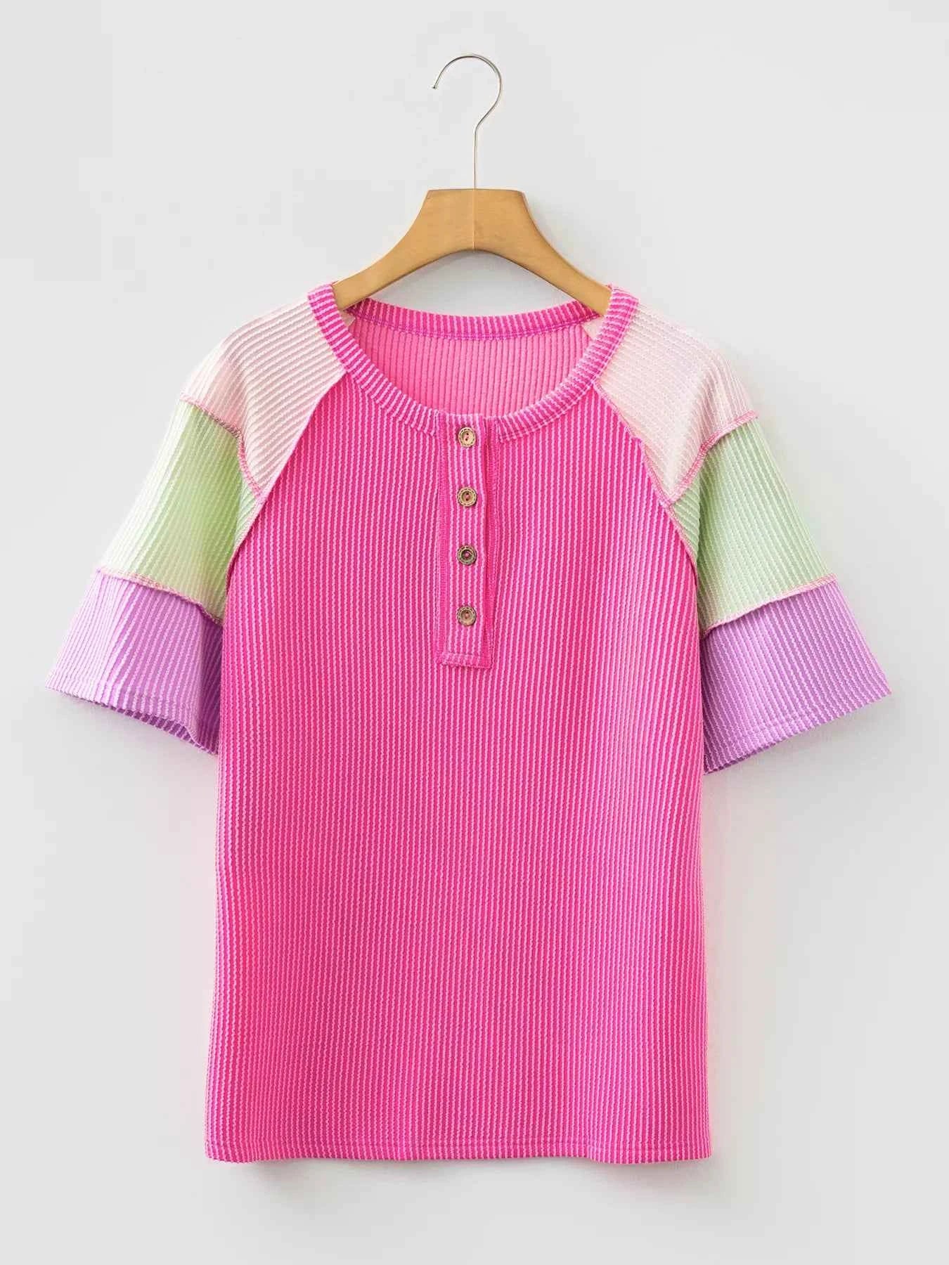 Twisted Ribbed Color Block Patchwork Henley Short Sleeve T Shirt 94237642908e43ab8353abc91684a75a-Max-Origin