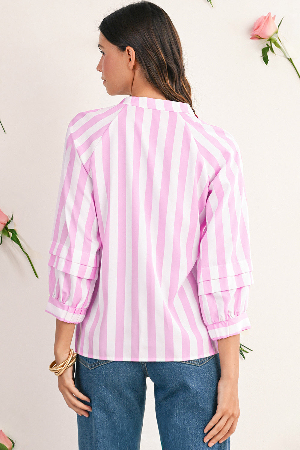 Rose Striped Button V Neck Raglan Sleeve Blouse 9423cfb40cc48c83