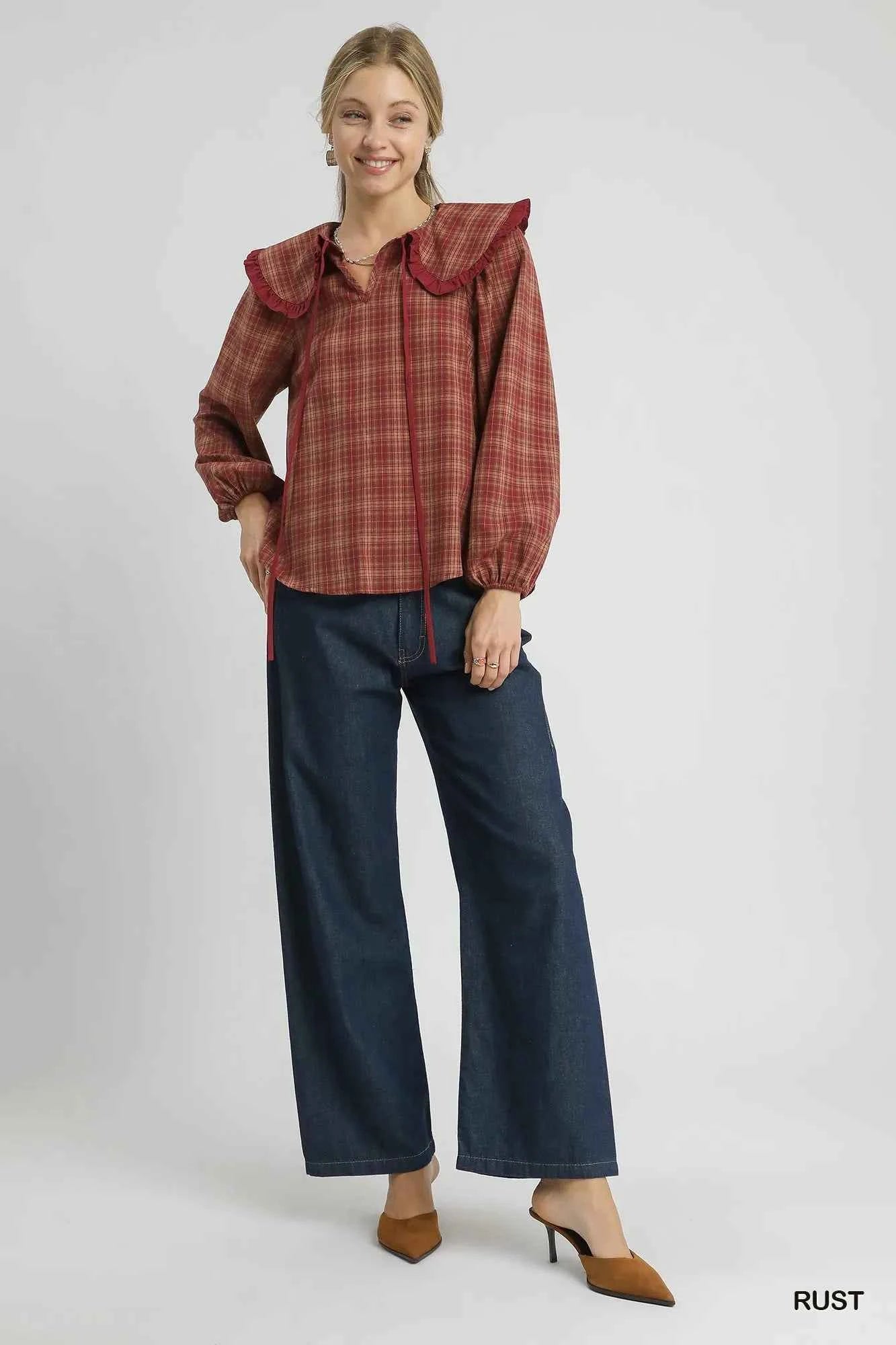 Umgee Full Size Plaid Ruffle Collar Blouse Plus Size 942476ea-da08-40d6-9a17-c2a36ca32ed4-Max-Origin