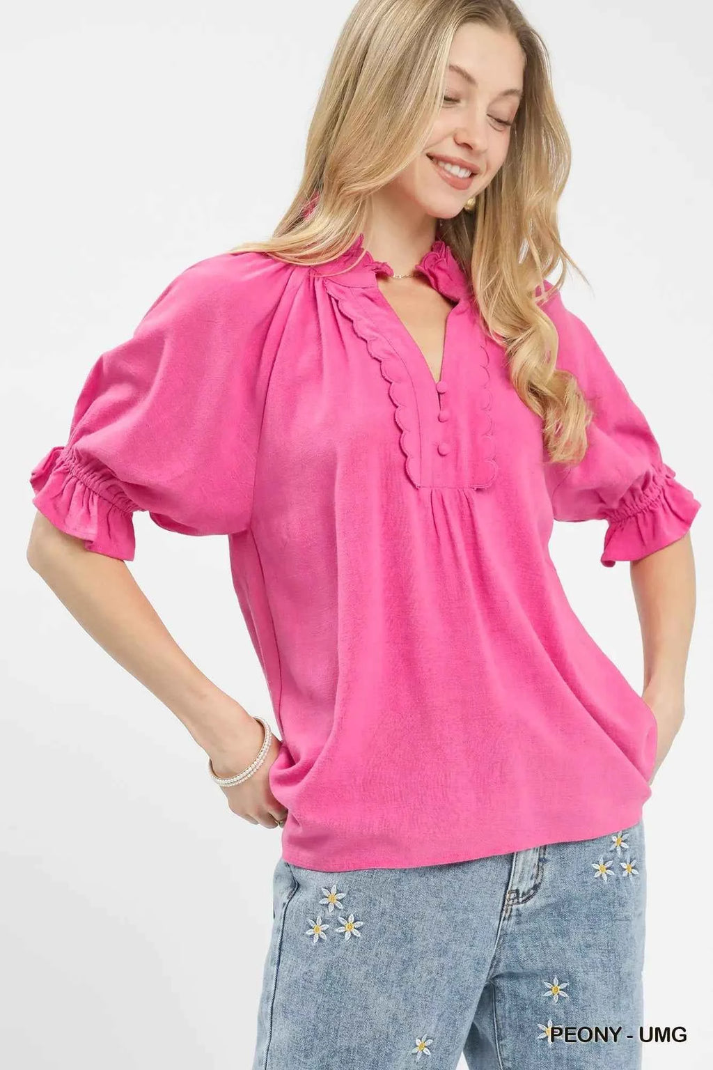 Umgee Linen Scalloped Ruffle Neck Blouse PEONY-UMG 94259b48-751c-462a-aad4-a888db849743-Max-Origin