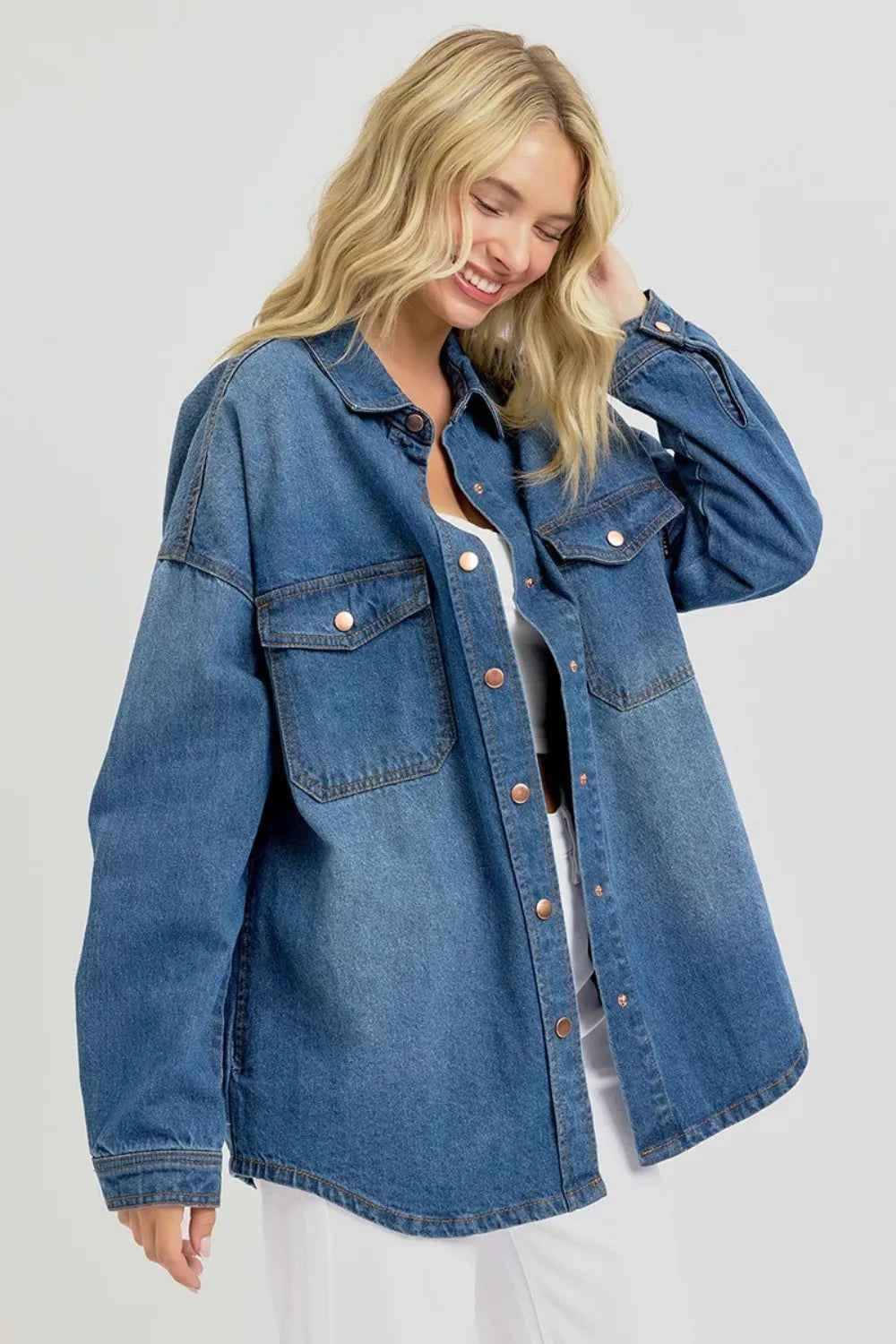 RISEN Full Size Snap Down Long Sleeve Denim Shacket 94289575-db99-40a0-a4d1-69e426979320-Max