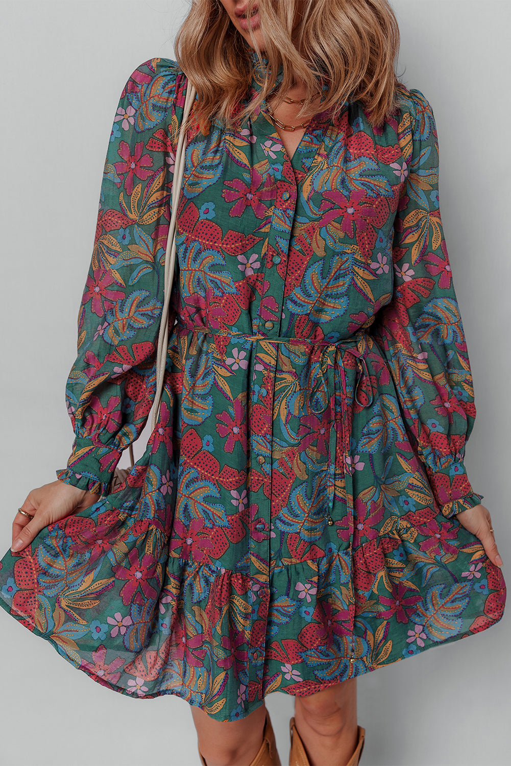 Green Floral Frill V Neck Puff Sleeve Ruffle Mini Dress 9429e5436b6cab81