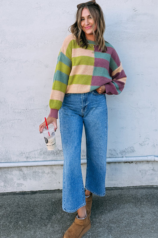 Green Stripe Colorblock Drop Shoulder Ribbed Edge Sweater 942a5a1809c2cba1