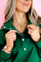 Blackish Green Embroidered Scallop Trim Half Button Pullover Casual Shorts Set 942fb65566d947dc