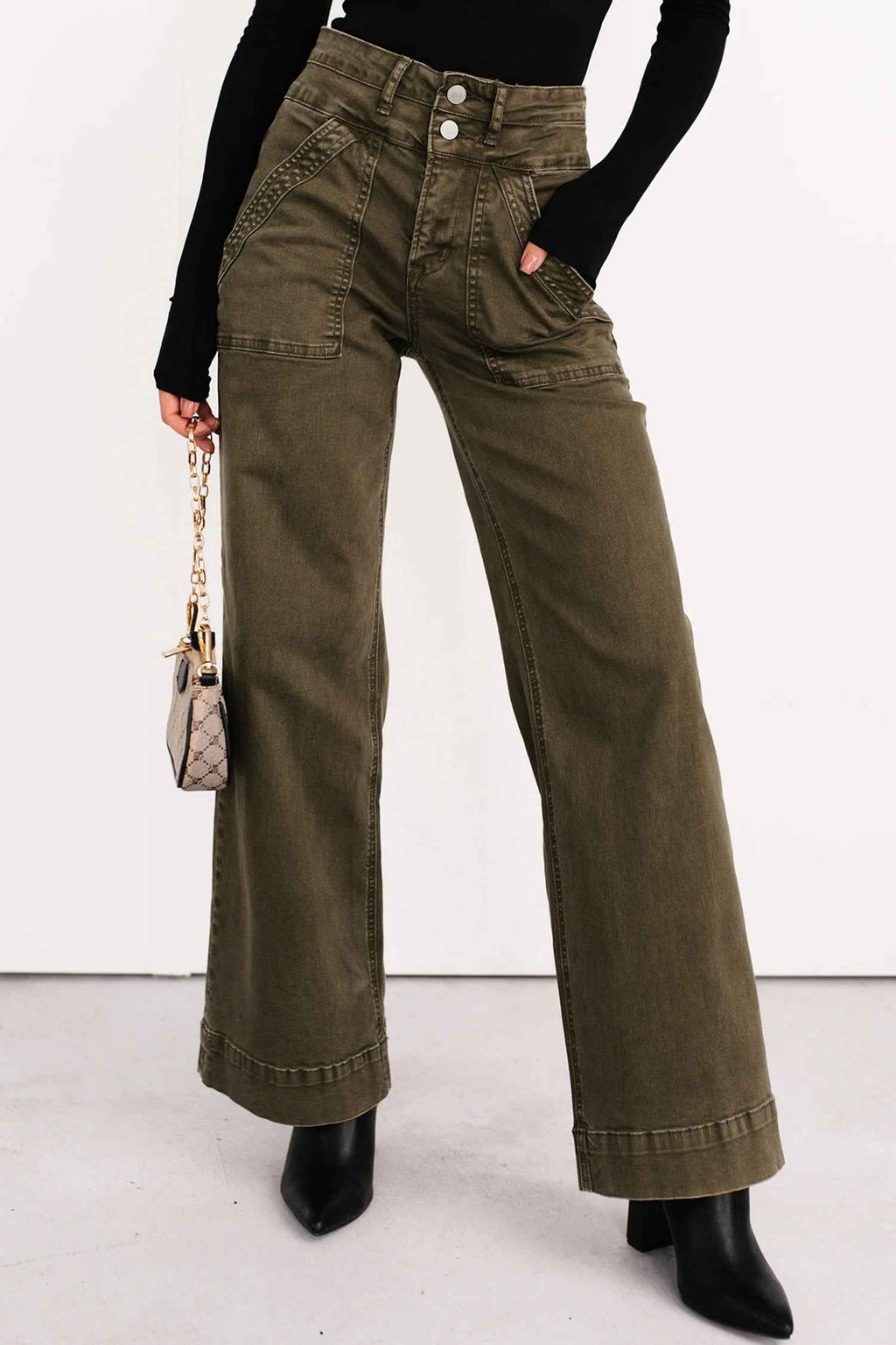 Jungle Green Double Waistband Loose Straight Jeans Jungle Green 98%Cotton+2%Elastane 9434ca27dc636edc