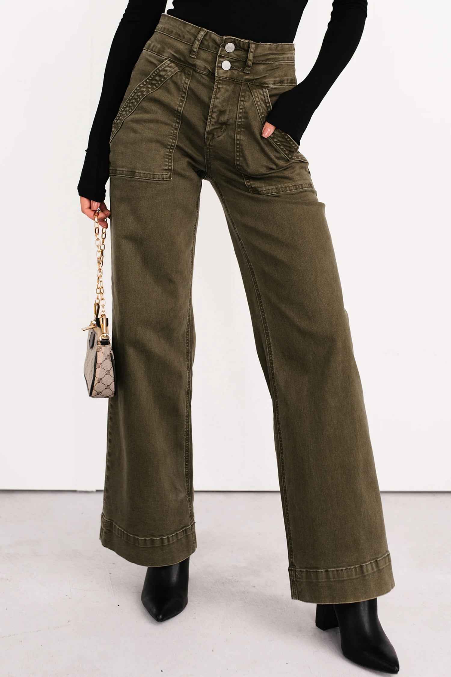 Jungle Green Double Waistband Loose Straight Jeans Jungle Green 98%Cotton+2%Elastane 9434ca27dc636edc