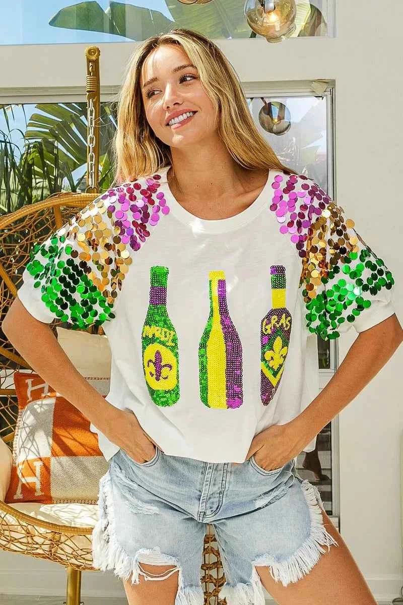 BiBi Sequin Mardi Gras Bottles Spangled Sleeve Top 9436e41c040b43b08d8466a89db4ef6f-Max-Origin