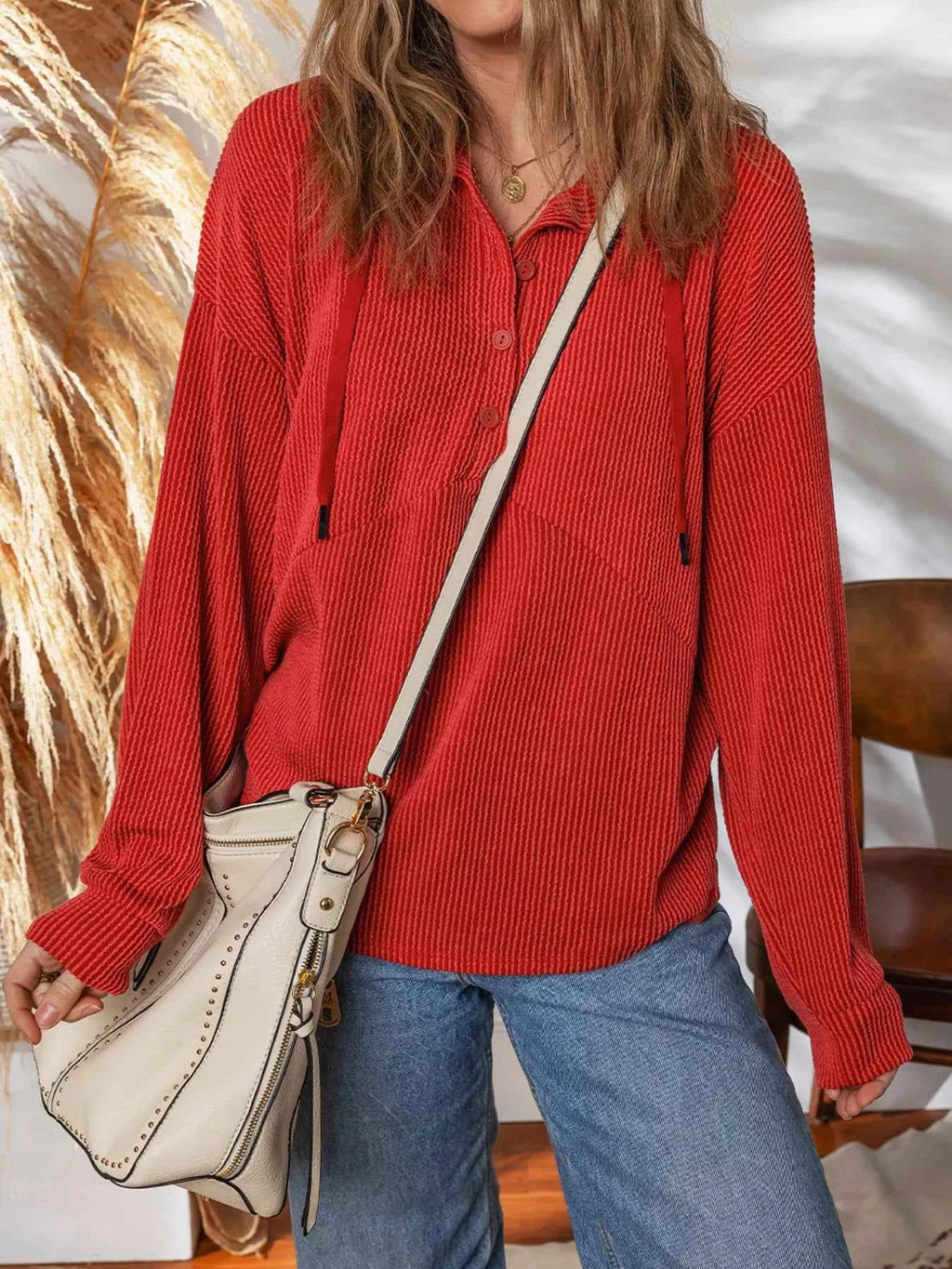 Twist Ribbed Half Button Collared Drawstring Top 943a4dd5a0754db7ad7d5d04cffcf26c-Max-Origin