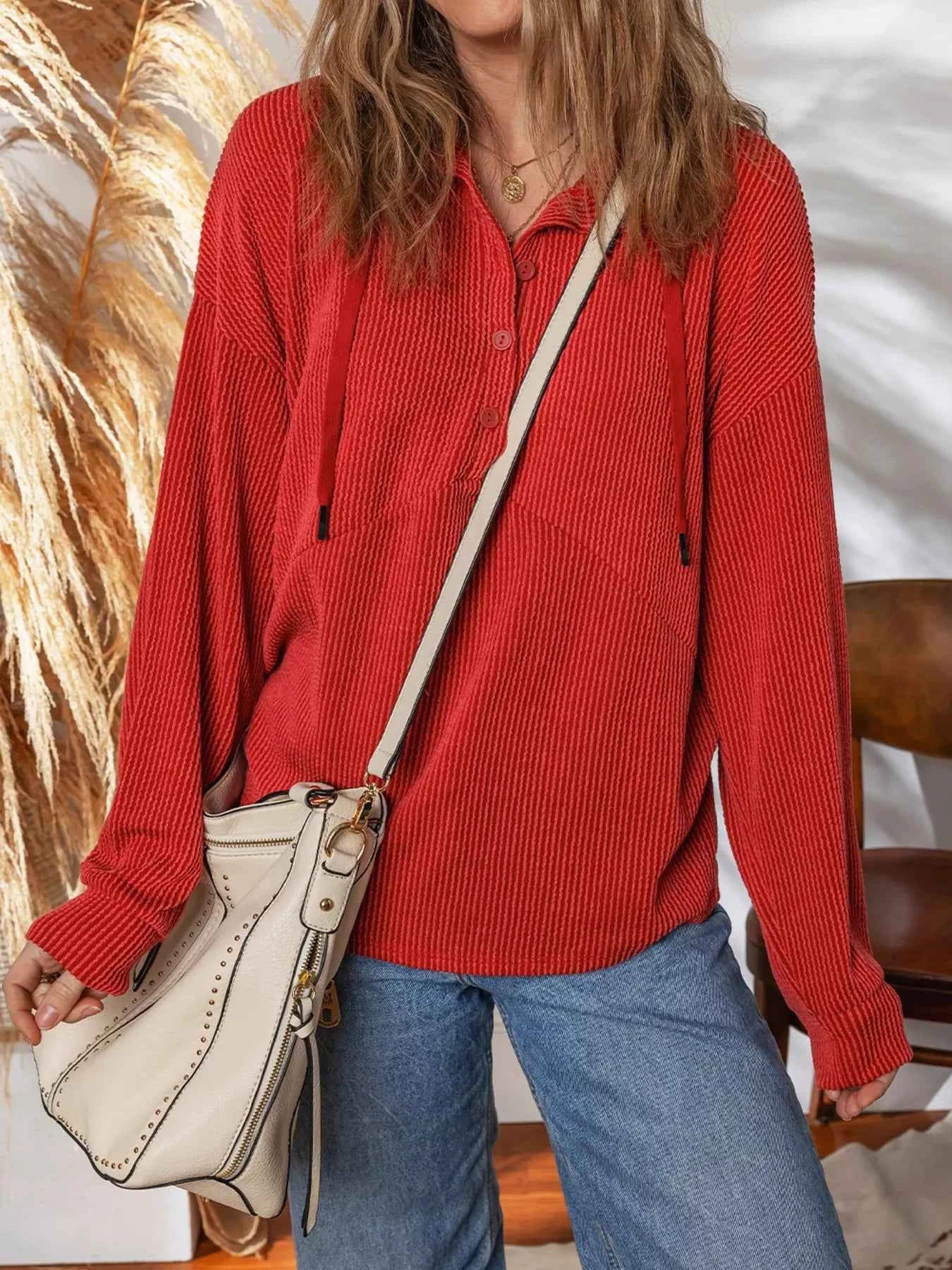 Twist Ribbed Half Button Collared Drawstring Top 943a4dd5a0754db7ad7d5d04cffcf26c-Max-Origin