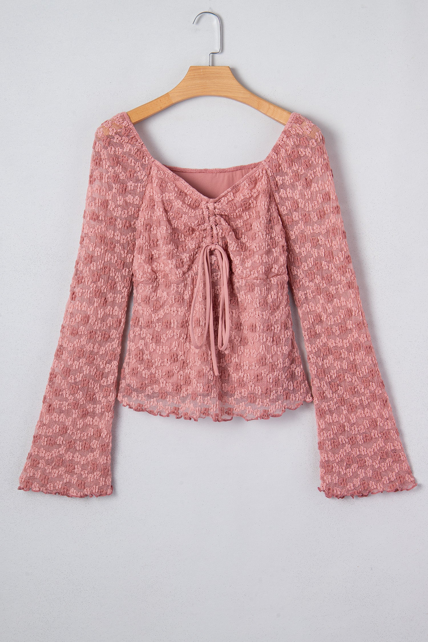 Peach Blossom Drawstring Knot Detail Floral Lace Blouse 943b5b2aac1fb5d1
