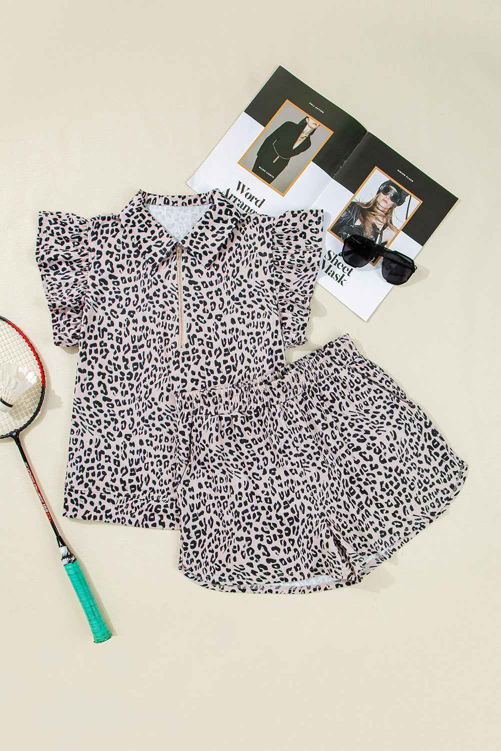 Brown Leopard Half Zipper Collared Ruffle Sleeve Top and Shorts Set 943c8ac3538a1978