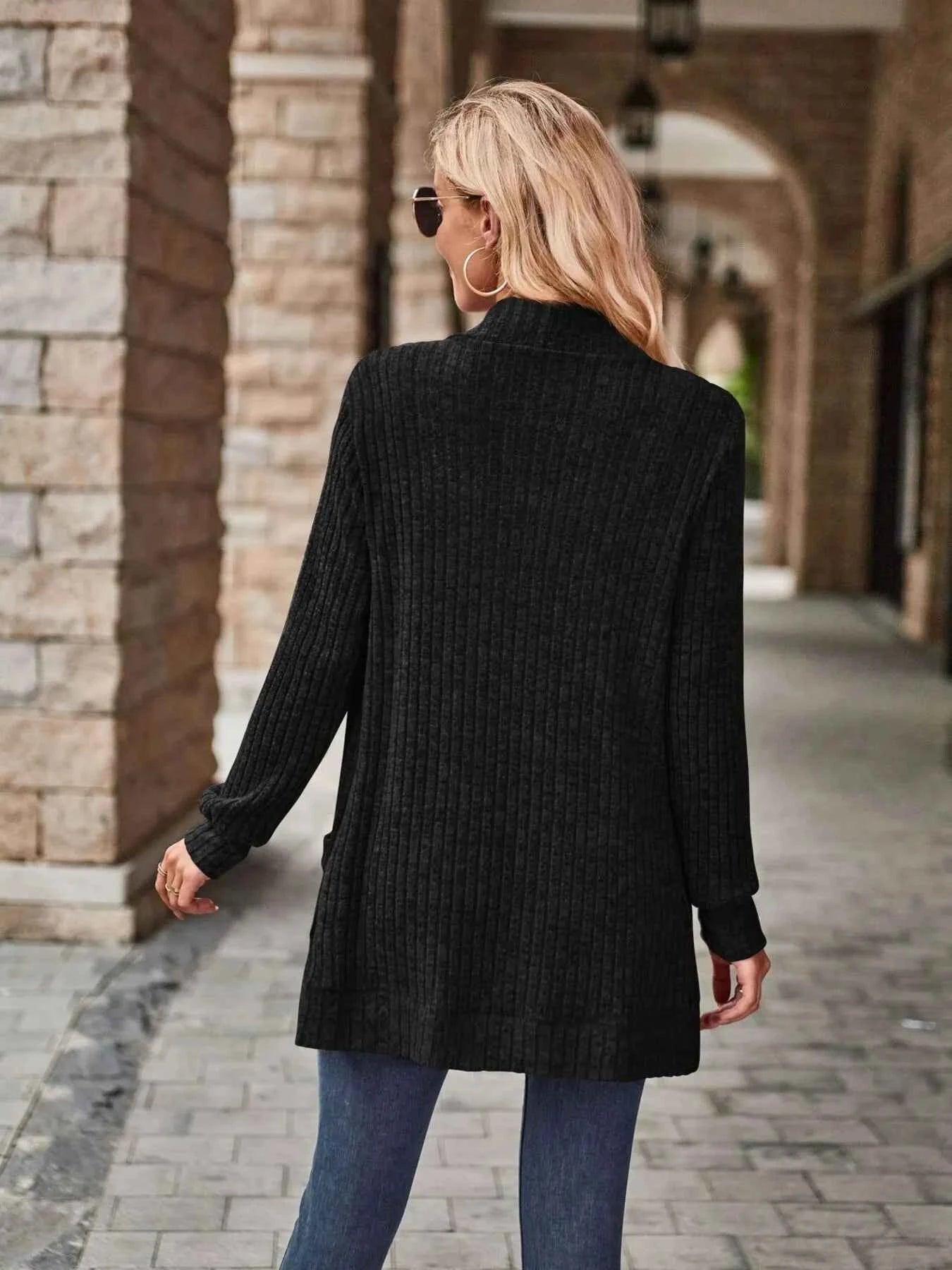 Ribbed Open Front Long Cardigan with Pockets