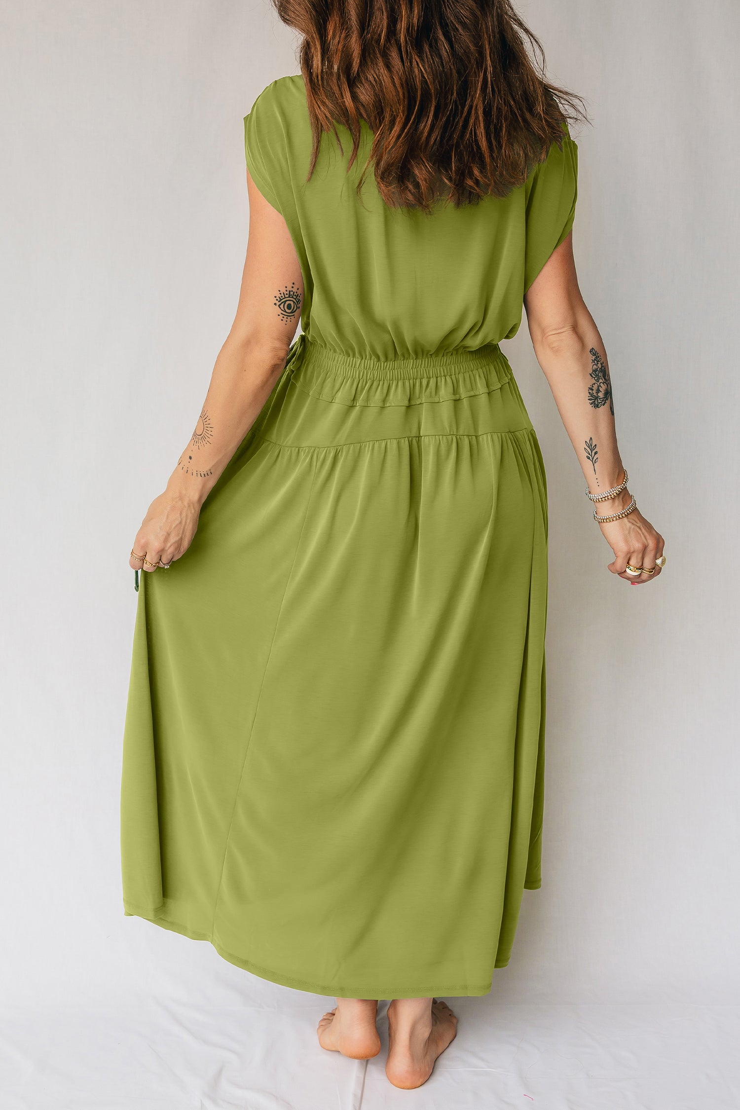 Fern Green Solid V Neck Cap Sleeve Tunic Elastic Waist Versatile Maxi Dress 9441356dc0a87675