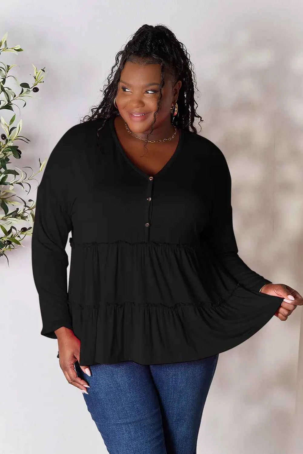 Double Take Half Button Long Sleeve Ruffle Hem Blouse Black 944d6bcc4cdf4dd9ba93d5dabf965b7c-Max