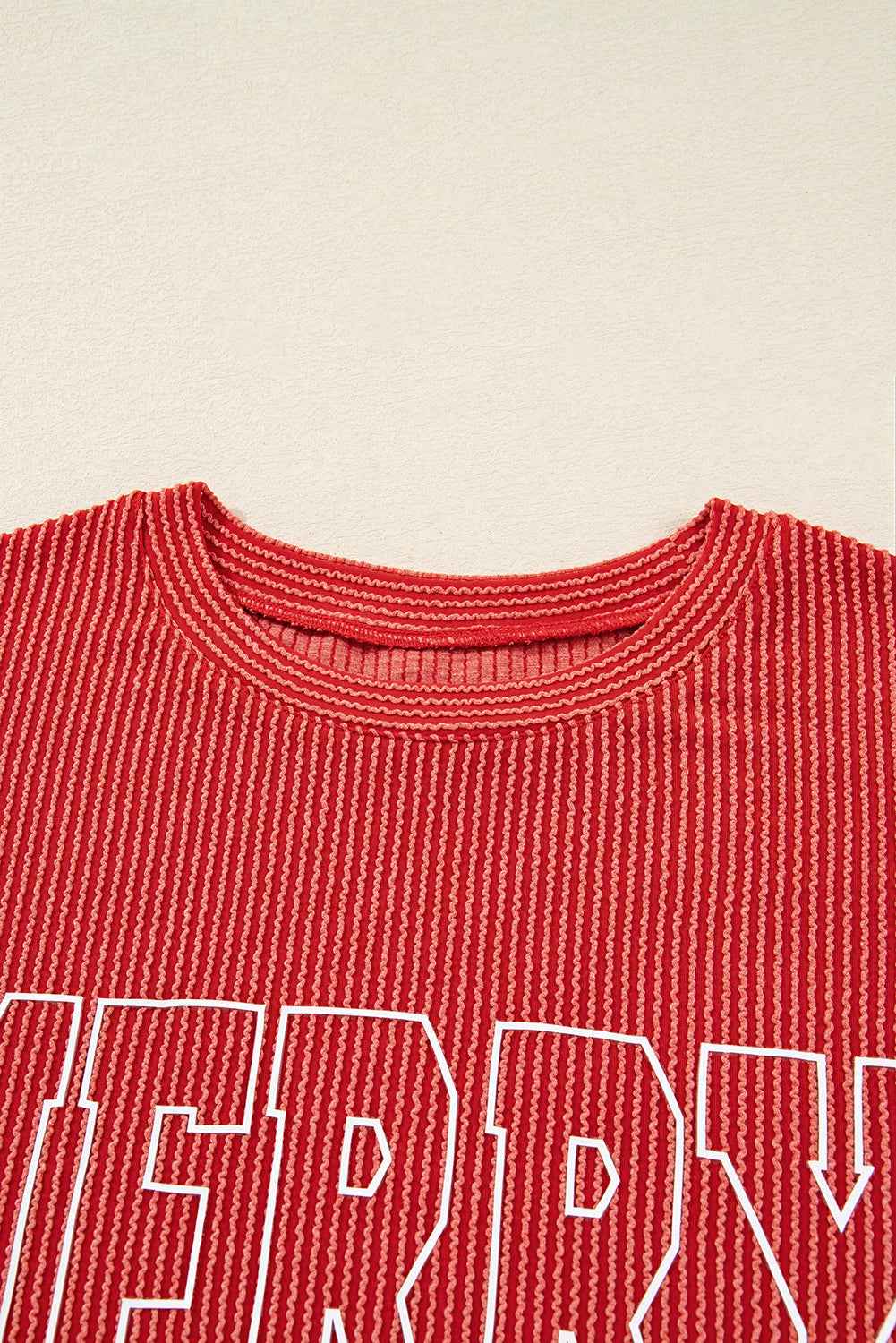 Evergreen Twisted Rib Merry Letter Graphic Loose Long Sleeve Top 9456954a12b4eb13