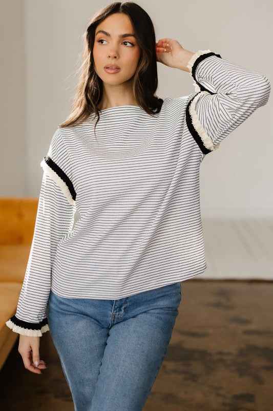 Stripe Contrast Ruffle Trim Long Sleeve Top 945a1f94-7705-4c37-839f-0b66c61eba6d