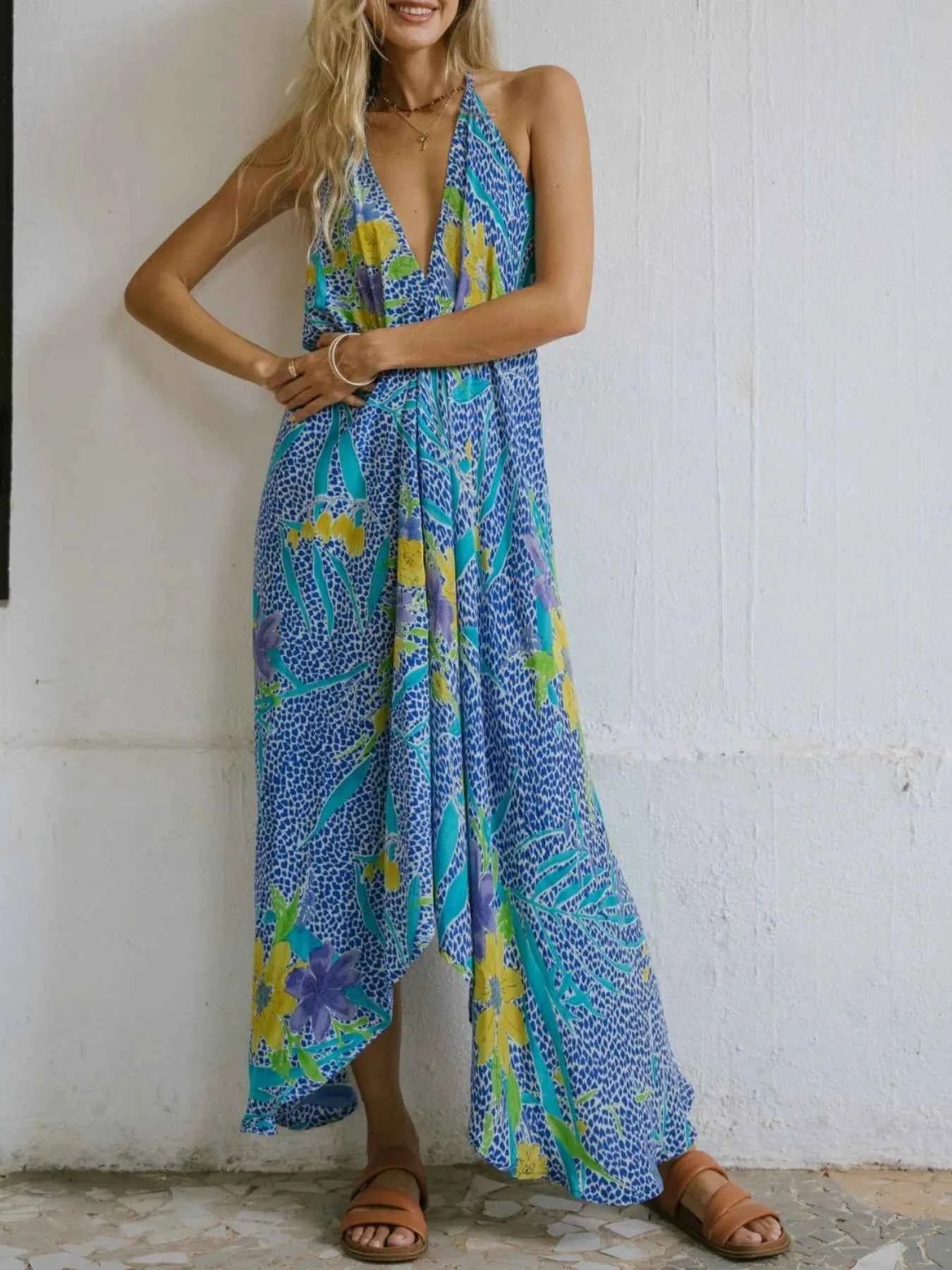 Asymmetrical Hem Printed Halter Neck Dress Blue 945c70fa-ff34-4622-bbe5-490c87d26c27-Max-Origin