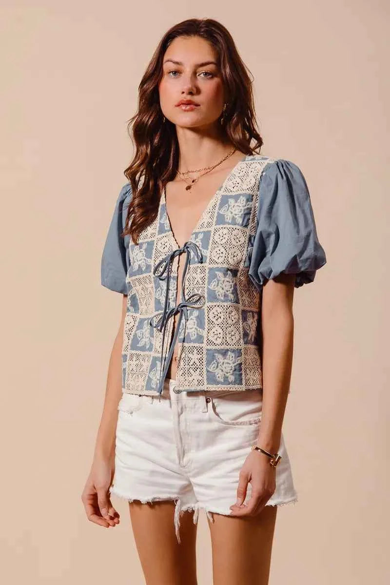 SO ME Crochet Lace Tie Front V Neck Blouse Top 945c9d943d0046fea68621017fc91e44-Max-Origin