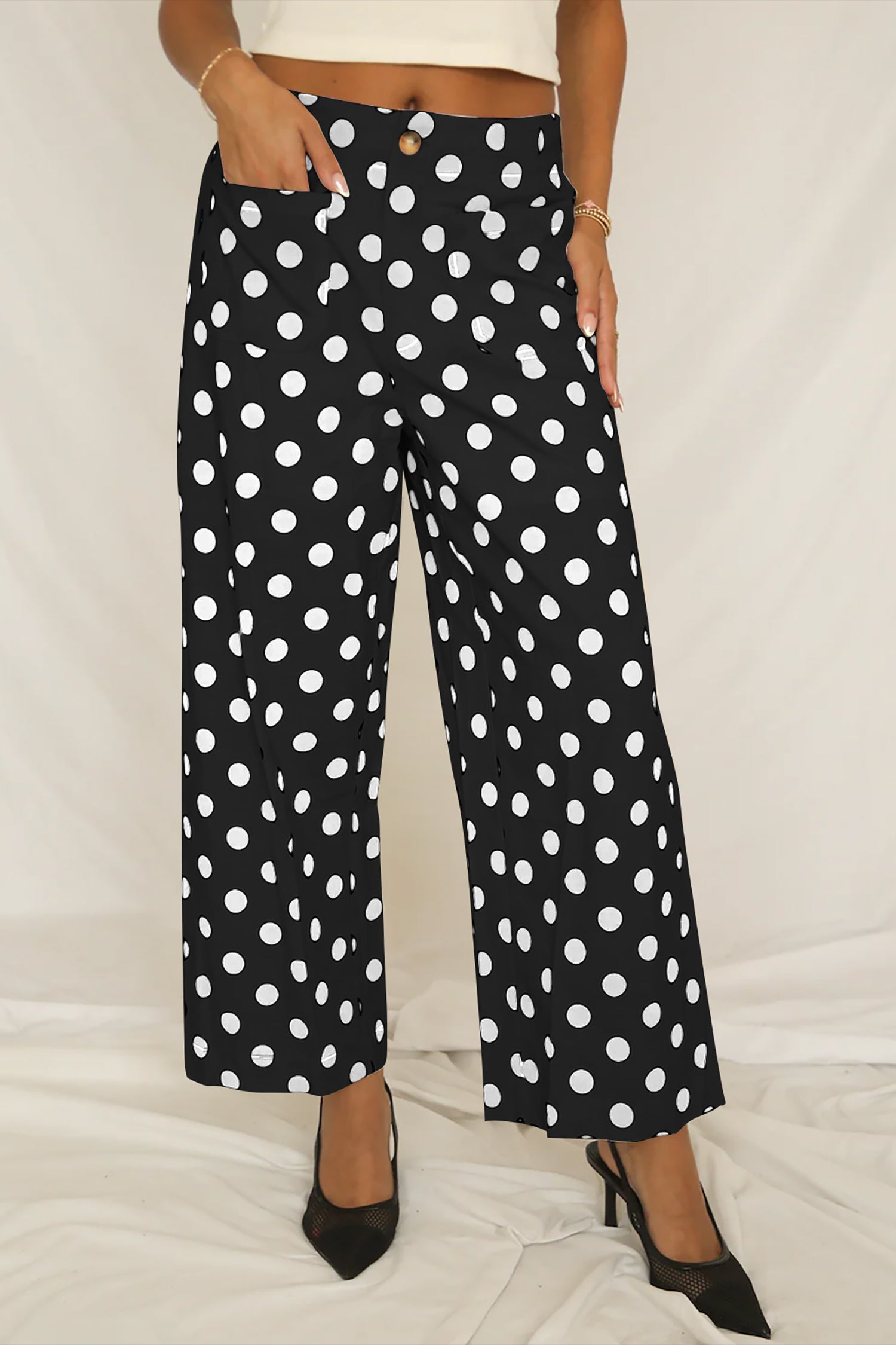 White Polka Dot Print Patched Pocket Loose Pants Black 100%Polyester 945ddbb966d32ded